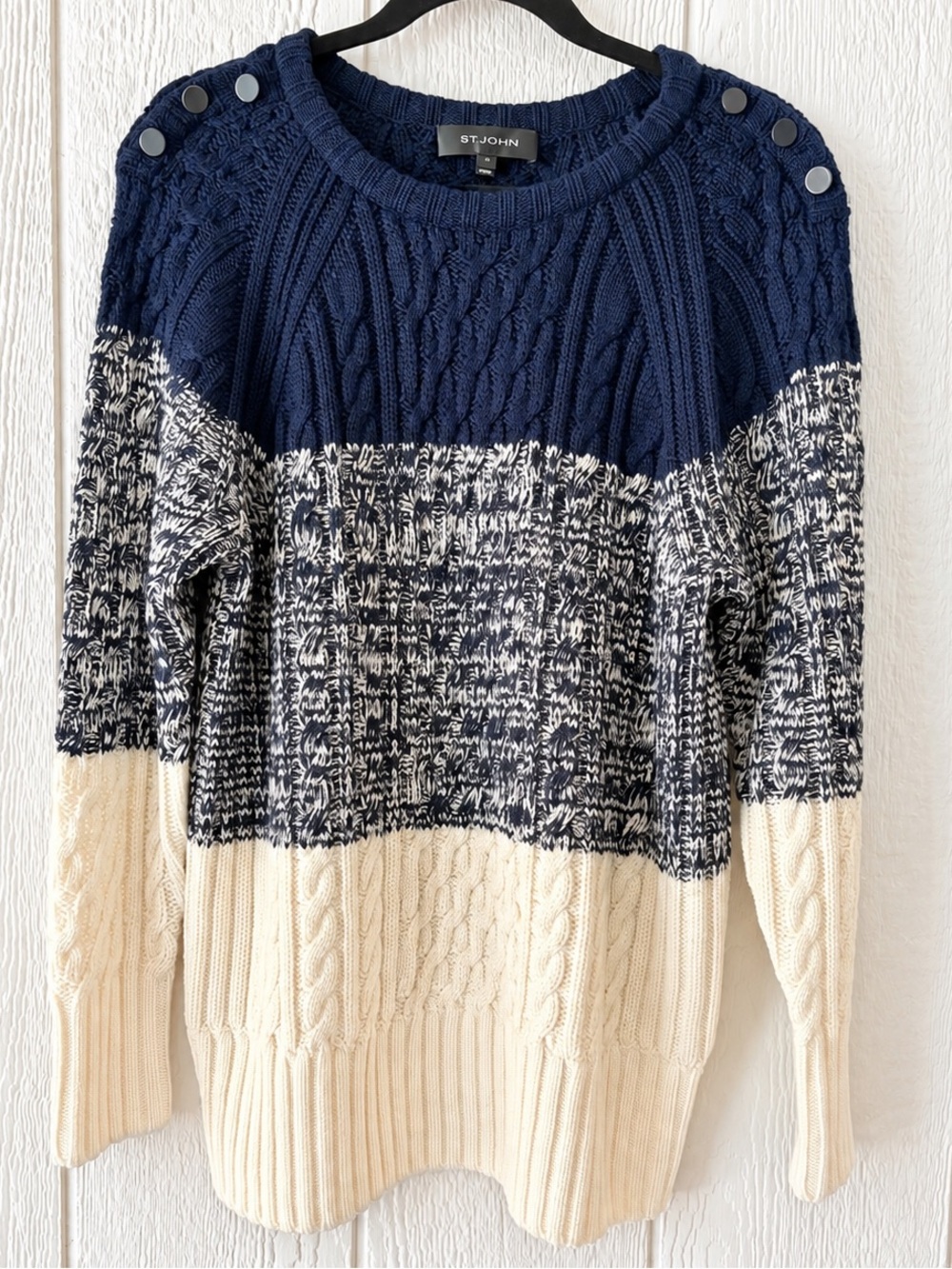 St. John Navy Cream Colorblock Marled Cable Knit 100% Wool Sweater Size M